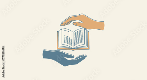 An illustration depicting a book held between two hands, symbolizing protection and care.