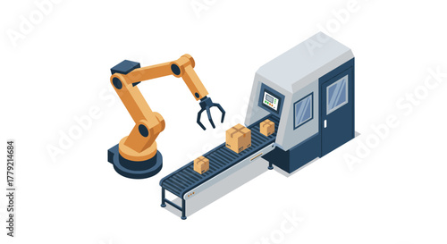Isometric robotic arm packaging boxes on conveyor