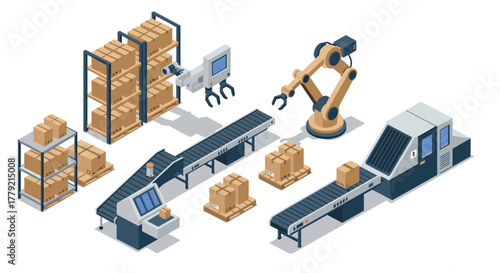 Isometric warehouse automation with conveyor belts and robotic arms in logistics center