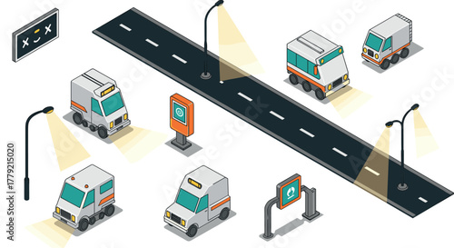 Isometric delivery vans and street elements with road and streetlights