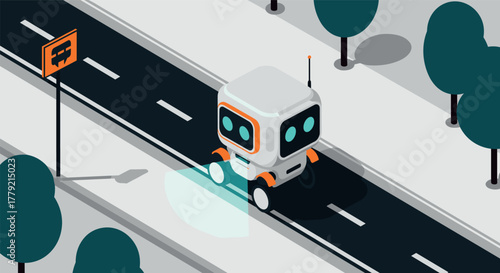 Friendly robot on suburban street in modern isometric style