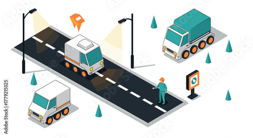 Isometric cityscape with autonomous vehicles and smart lighting