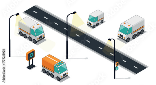 Isometric city street scene with vehicles and road elements