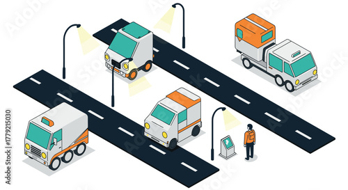 Isometric autonomous delivery trucks on urban roads with streetlights