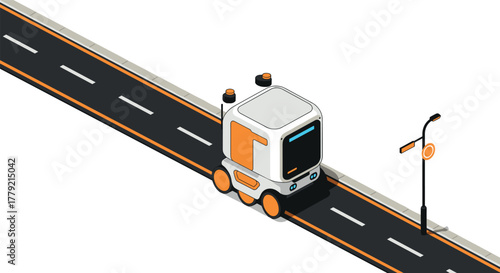 Autonomous delivery robot on road in futuristic isometric cityscape