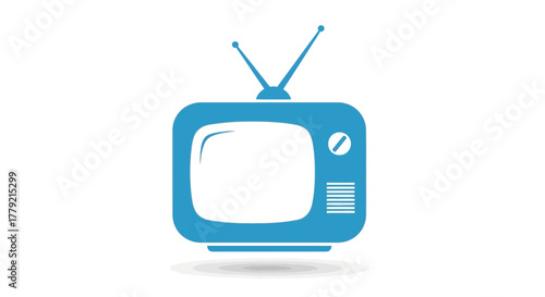 A simple illustration of a blue vintage television set with antennae on a plain white background.
