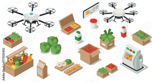 Isometric delivery drone with fresh produce and packaging elements
