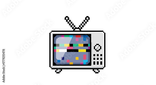 A simple pixel art illustration of a vintage television with static on the screen and antennae on top against a plain white background.