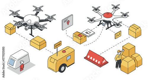 Drone delivery and logistics isometric concept with packages and technology integration elements