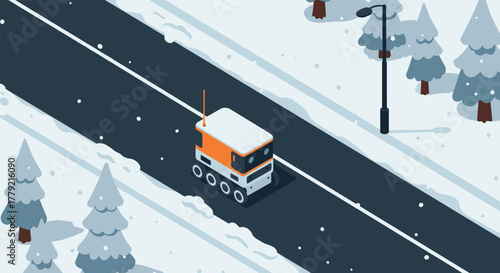 Autonomous delivery robot on snowy road in winter landscape