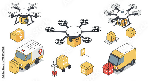 Modern delivery solutions isometric design with drones and packages