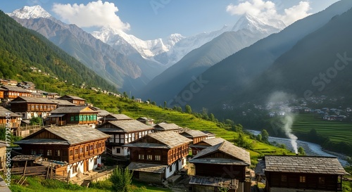 Himalayan village in northern India, traditional wooden houses, mountain backdrop