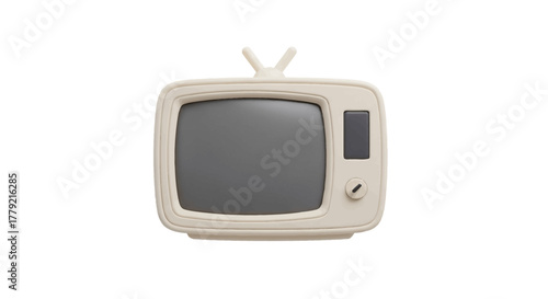 Close-up of a small, off-white vintage television set with a dark screen on a plain white background.
