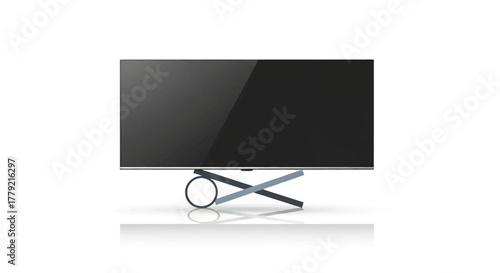 Modern flat-screen television on a sleek stand against a clean white background with subtle reflection.
