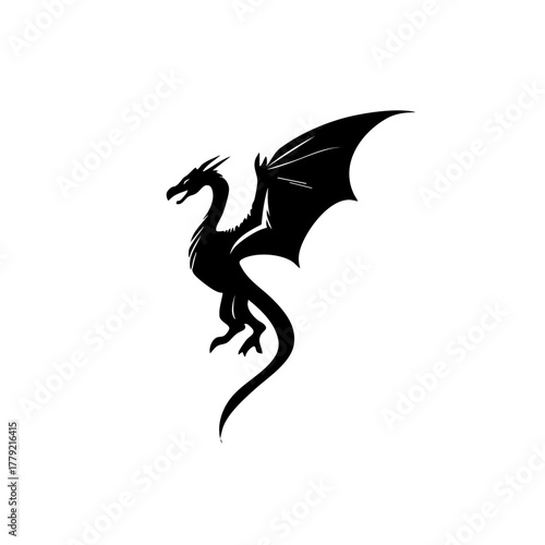 Black Vector Outline of Dragon in Midflight - Simplified Flat Design on White Background