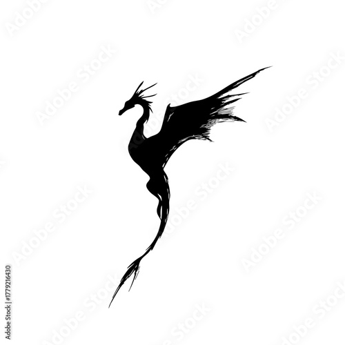 Black Vector Outline of Dragon in Midflight - Simplified Flat Design on White Background