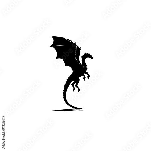 Black Vector Outline of Dragon in Midflight - Simplified Flat Design on White Background