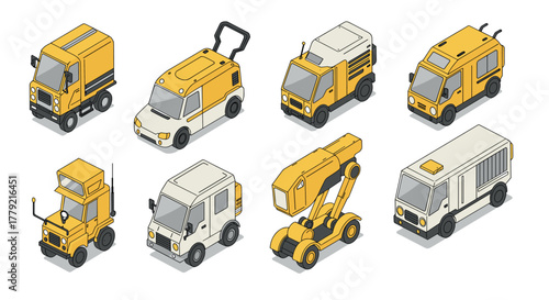 Isometric utility vehicles set yellow and white cartoon design for construction and transport