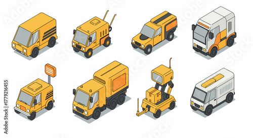 Isometric construction vehicles collection featuring trucks and utility vehicles