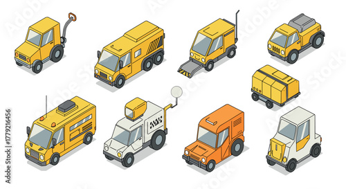Collection of isometric utility vehicles in bright colors for urban and industrial use