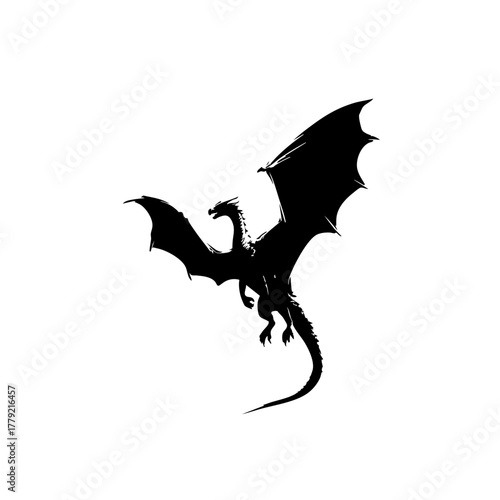 Black Vector Outline of Dragon in Midflight - Simplified Flat Design on White Background