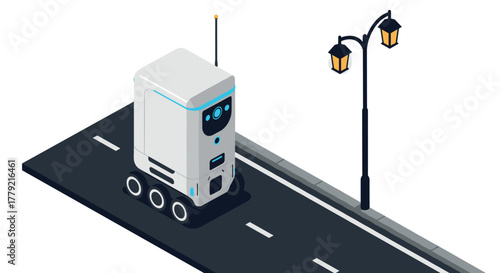 Autonomous delivery robot on urban street in minimalist isometric style