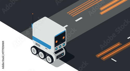 Isometric delivery robot on road with technology concept