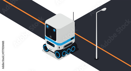 Autonomous delivery robot on modern street with bright streetlight