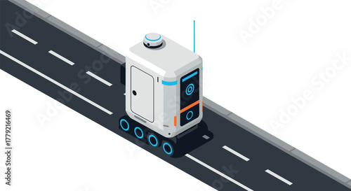 Autonomous delivery robot on urban road in isometric design