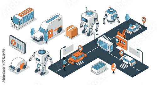 Futuristic city with autonomous vehicles and robots in isometric style