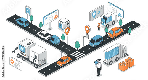 Smart urban traffic isometric art with autonomous vehicles and technology