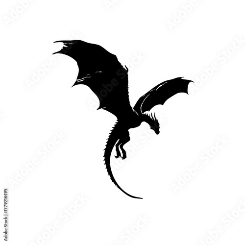 Black Vector Outline of Dragon in Midflight - Simplified Flat Design on White Background