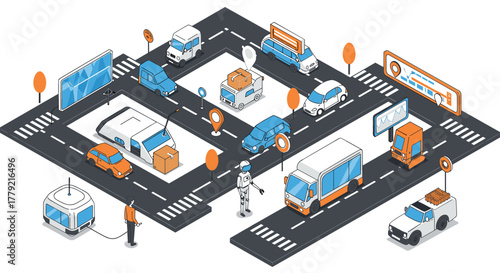 Autonomous delivery vehicles on city streets in isometric design
