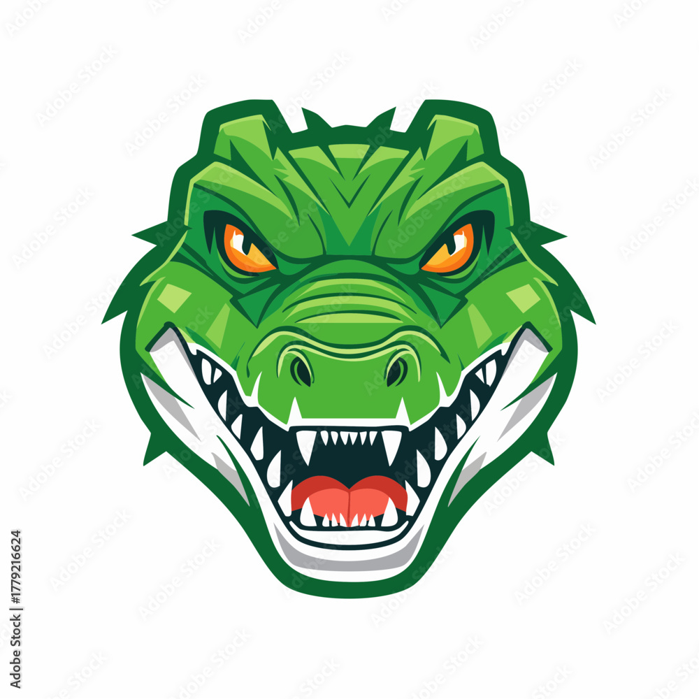 Fototapeta premium Fierce Alligator Head Mascot Logo Design with Intense Gaze and Open Mouth Displaying Sharp Teeth.
