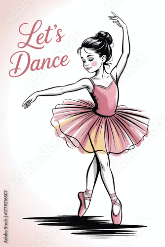 A black and white minimalist illustration of a graceful young ballerina in a pink tutu with yellow undertones, elegant cursive text, and soft brushstroke shadow on a clean white background.