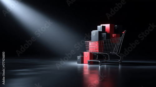 Shopping cart filled with paper bags on isolated black background - ai generative