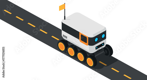 Autonomous delivery robot on roadway with flag in modern isometric design