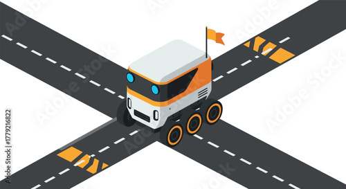 Autonomous delivery robot on urban road intersection in isometric design