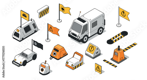 Isometric construction vehicles and signs in orange and black theme
