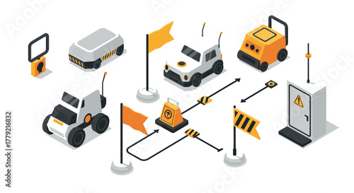 Isometric automotive smart city elements with traffic and safety icons