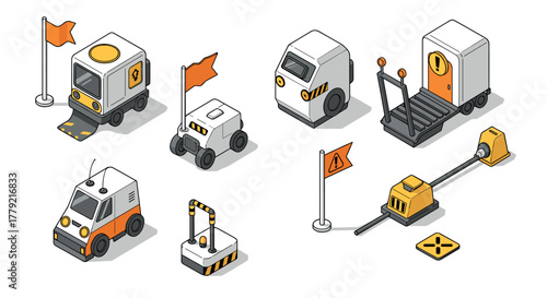 Futuristic isometric delivery vehicles with drone and tech elements