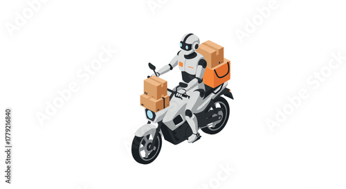 Futuristic delivery robot riding a motorcycle loaded with packages