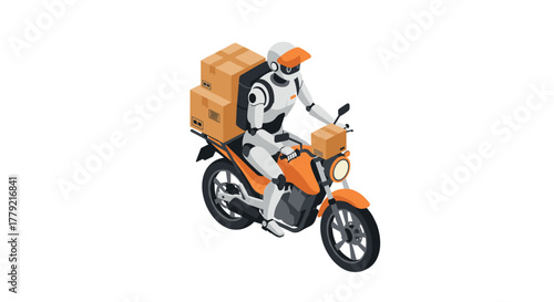 Robot delivery on motorcycle in isometric style for futuristic logistics concepts