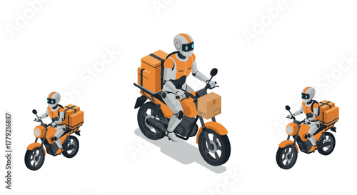 Autonomous robot on motorcycle for futuristic delivery in isometric style