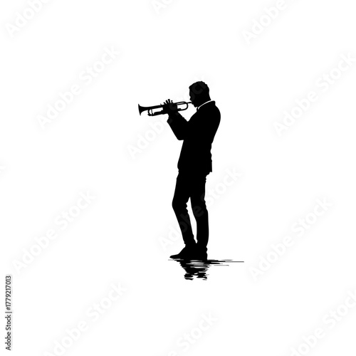 Trumpet Player Silhouette - Solid Black Cutout on White - Clean 2D Vector