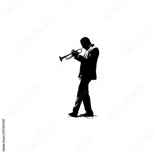 Trumpet Player Silhouette - Solid Black Cutout on White - Clean 2D Vector