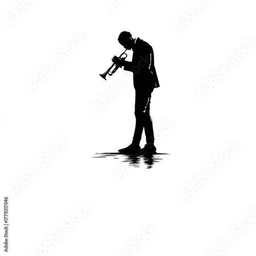 Trumpet Player Silhouette - Solid Black Cutout on White - Clean 2D Vector