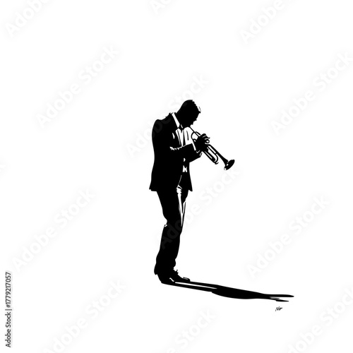 Trumpet Player Silhouette - Solid Black Cutout on White - Clean 2D Vector