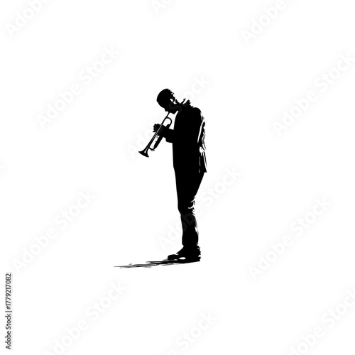 Trumpet Player Silhouette - Solid Black Cutout on White - Clean 2D Vector