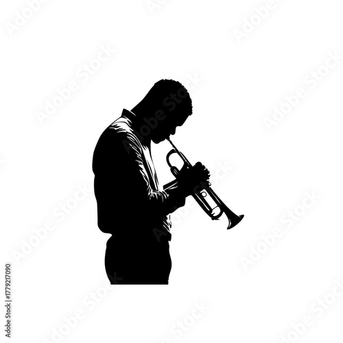 Trumpet Player Silhouette - Solid Black Cutout on White - Clean 2D Vector